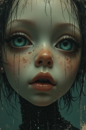 Oil on dirty gauze. Little funny robot, porcelain face and head, big turquoise eyes, perfect eyes, best quality, epic, hyperrealism, fantasy atmosphere, ferrotype defects, visual paradox, causticity, dark theme, cuteness overload, ladyrecore, chiaroscuro, vanishing point, professional, masterpiece artistic portrait, multilayer sheets, techniques used: lithography, chiaroscuro, atmospheric perspective, Engine of Unreality, Greg Rutkowski. 8k uhd, dust particles.




