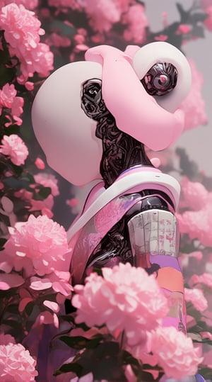 visually striking blend of traditional Japanese aesthetics with futuristic elements. The central figure is a robot with a humanoid appearance, specifically designed to resemble a female figure wearing a kimono. The robot's head is adorned with a traditional Japanese hairstyle, often associated with a geisha, including a shimada-style bun and kanzashi hairpins.

The robot's face is featureless and smooth, with a pale pink hue that matches the color scheme of the kimono. The neck reveals mechanical components, suggesting advanced robotics technology. The kimono itself is beautifully detailed, with patterns of flowers that echo the surrounding blooms, and it includes shades of pink, white, and purple, with black and dark pink accents on the collar and edges.

The background is filled with a dense array of pink flowers, likely chrysanthemums, which create a harmonious and lush backdrop that complements the robot's attire. The overall effect is a striking juxtaposition of the organic beauty of traditional Japanese floral motifs with the sleek, modern lines of robotic design. The image seems to explore themes of tradition versus modernity, nature versus technology, and the evolving definitions of beauty and identity,futubot 