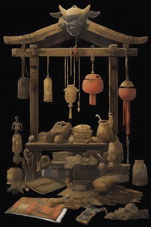 A masterpiece anime visual novel illustration of a rare collection of artifacts from a forgotten shrine in the rural mountains of Tottori. black background