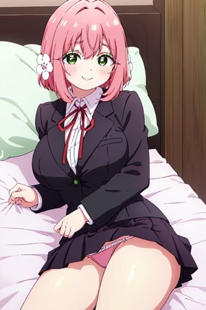 ((masterpiece,  high quality,  best quality,  highres,  ),  anime coloring, short hair, (green eyes:1.5),  hair ornament,  blush,  pink hair,  flower,  hair flower,  hair between eyes,  sidelocks , hakari hanazono,  large breast,  1girl,  thick thighs, blush,  skirt,  shirt,  ribbon,  school uniform,  blazer,  white shirt,  pleated skirt,  collared shirt,  black skirt,  red ribbon,  neck ribbon,  looking_at_viewer,  school, smile, things, provocative, bedroom, bed, horny, lying in bed, pantie