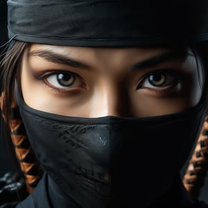 "Generate a detailed close-up portrait of a female ninja warrior. Focus on capturing the intensity and expressiveness of her eyes. She should be wearing a traditional black ninja mask, covering everything except her eyes and forehead. Her eyes should be sharp, exuding a strong sense of determination and focus. Employ lighting that casts subtle shadows around her eyes, enhancing their intensity and the mysterious aura of her character. The background should be dark and blurred, to emphasize her facial features. Aim for a style that is realistic yet imbued with a sense of mystery, highlighting the enigmatic and powerful impression of the ninja warrior.",sll,ssyy