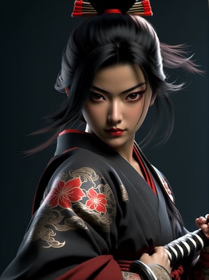 Create an image of  a Japanese samurai or warrior.She has intricate tattoos on her arms and chest, and she is wearing a black kimono with red accents.The character is also wielding a katana, which is sheathed across her back, suggesting a blend of traditional elements with a modern aesthetic.  The design and details like the tattoos and attire are indicative of a creative interpretation rather than an accurate historical representation.Asian,Asian