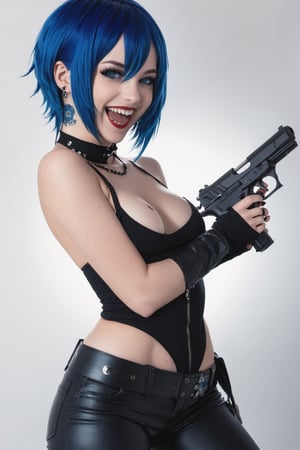  blue hair, blue eyes, choker, cute, ((goth)), smiling, (flat chest), nude, girl, ((blue colored nipples)), ultra high definition, full body, (crazy bloodthirsty smile), attack pose, (holding a  gun), piercings,