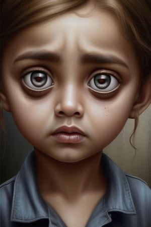 Create a photorealistic,Sadly Fearful face,embellish,obscure art, spooky person,Big Big Eyes.