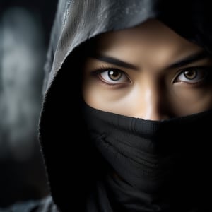 "Generate a detailed close-up portrait of a female ninja warrior. Focus on capturing the intensity and expressiveness of her eyes. She should be wearing a traditional black ninja mask, covering everything except her eyes and forehead. Her eyes should be sharp, exuding a strong sense of determination and focus. Employ lighting that casts subtle shadows around her eyes, enhancing their intensity and the mysterious aura of her character. The background should be dark and blurred, to emphasize her facial features. Aim for a style that is realistic yet imbued with a sense of mystery, highlighting the enigmatic and powerful impression of the ninja warrior."