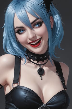 a masterpiece,hyperrealistic:1.5, photorealistic:  blue hair, blue eyes, choker, cute, ((goth)), smiling, (flat chest), nude, girl, ((blue colored visnet)), ultra high definition, full body, (crazy bloodthirsty smile), attack pose, (holding a  gun), piercings,