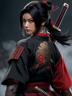 Create an image of  a Japanese samurai or warrior.She has intricate tattoos on her arms and chest, and she is wearing a black kimono with red accents.The character is also wielding a katana, which is sheathed across her back, suggesting a blend of traditional elements with a modern aesthetic.  The design and details like the tattoos and attire are indicative of a creative interpretation rather than an accurate historical representation.Asian