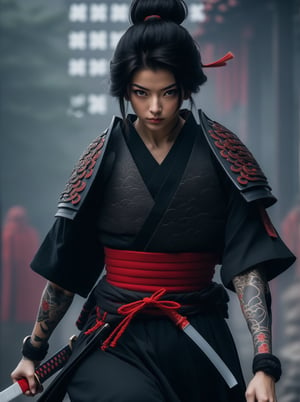 Create an image of  a Japanese samurai or warrior.She has intricate tattoos on her arms and chest, and she is wearing a black kimono with red accents.The character is also wielding a katana, which is sheathed across her back, suggesting a blend of traditional elements with a modern aesthetic.  The design and details like the tattoos and attire are indicative of a creative interpretation rather than an accurate historical representation.Asian