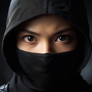 "Generate a detailed close-up portrait of a female ninja warrior. Focus on capturing the intensity and expressiveness of her eyes. She should be wearing a traditional black ninja mask, covering everything except her eyes and forehead. Her eyes should be sharp, exuding a strong sense of determination and focus. Employ lighting that casts subtle shadows around her eyes, enhancing their intensity and the mysterious aura of her character. The background should be dark and blurred, to emphasize her facial features. Aim for a style that is realistic yet imbued with a sense of mystery, highlighting the enigmatic and powerful impression of the ninja warrior.",sll