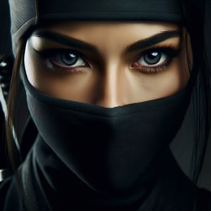 "Generate a detailed close-up portrait of a female ninja warrior. Focus on capturing the intensity and expressiveness of her eyes. She should be wearing a traditional black ninja mask, covering everything except her eyes and forehead. Her eyes should be sharp, exuding a strong sense of determination and focus. Employ lighting that casts subtle shadows around her eyes, enhancing their intensity and the mysterious aura of her character. The background should be dark and blurred, to emphasize her facial features. Aim for a style that is realistic yet imbued with a sense of mystery, highlighting the enigmatic and powerful impression of the ninja warrior.",sll,ssyy,zls,dnls