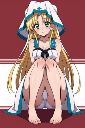 masterpiece, best quality, wallpaper, 1girl, solo, looking at viewer, , , <Asia Argento / High School DxD - v1.0>, asia_argento, blonde hair, green eyes, full_body, , summer, white_dress, hat