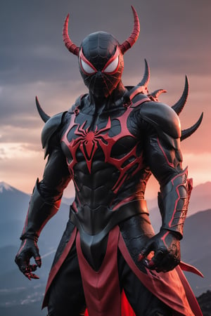 1 man in full metal armor, on a dragon's mouth motorcycle, wearing a sleek black and red symbiote suit with a spider symbol on his chest, stands on the peak of Mt. Fuji at night. The volcano is erupting in the distance, and the sky is filled with ash and smoke. He is holding a katana in one hand and a shuriken in the other. Carnage Spider-Man is looking out over the land with a menacing grin on his face. He is ready to unleash his chaotic power on the world.

