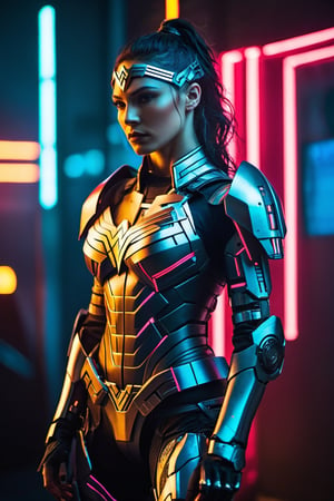 The photograph depicts a robot warrior in cyberpunk style, wonder  woman ,equipped with a machine weapon arm. The lighting is dim and neon-colored, casting a futuristic and mysterious ambiance. The composition is dynamic, with the cyborg standing in a powerful stance, ready for battle. The angle of the shot is low, highlighting the imposing presence of the cyborg. The color scheme is dominated by metallic tones with flashes of bright neon lights, emphasizing the technological and dystopian nature of the character.