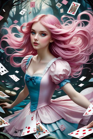 long pink hair,Pastel colors palette, bathed in dreamy soft pastel hues, || Bold illustration, charlie bowater and Gediminas Pranckevicius and victo ngai, surreal fantasy illustration, realistic proportions, complex Taylor Swift,composition, linework, decorative elements, vector painting, highly detailed, digital illustration, artstation, beautiful, wholesome, nostalgia, high quality || "alice in wonderland by arthur rackham, following the white rabbit, flying cards, falling into wonderland" | impossible dream, pastelpunk aesthetic fantasycore art, vibrant soft pastel colors, Decora_SWstyle, perfect realistic anatomy