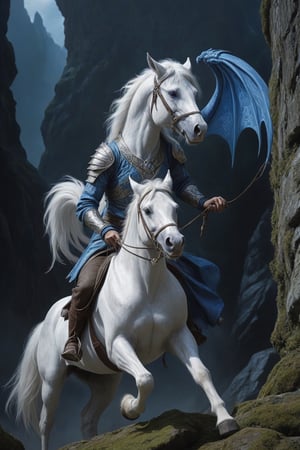   Jinx arcane ,  tale horse rider, in the style of cinematic montages, dragon art, franciszek starowieyski, blue and white, john howe, hyper-realistic details, himalayan art. magical, fantastical, enchanting, storybook style, highly detailed
