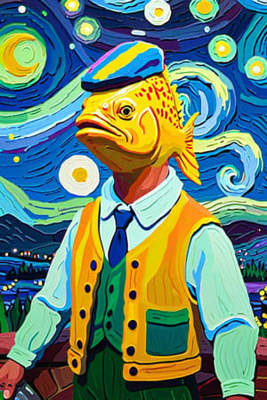 game character,fortnite fish stick, scoloring, Abstract, painting style visent van gogh the starry night