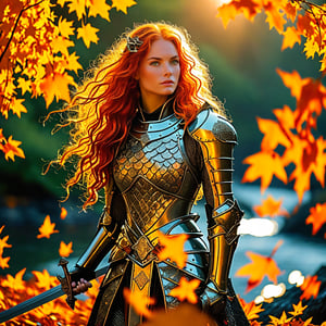 A majestic woman knight stands tall, donning polished medieval armor adorned with glittering dragon scales that catch the warm sunset light. Her striking figure is accentuated by her long, fiery scarlet hair flowing down her back like a river of fire. She holds a sword at her side, its length rivalled only by the golden hues of the setting sun. In the background, trees ablaze with autumn's vibrant yellows stand as a backdrop to this heroic scene, their falling leaves swirling around her like a fiery cloak.