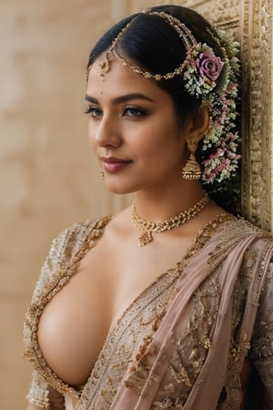 portrait,woman, big boobs ,colorful, darl background,flower armor, good anatomy, best quality, (((masterpiece))), high quality, realist, best detailed, details, realist skin, skin detailed, underboobs ,weared saree