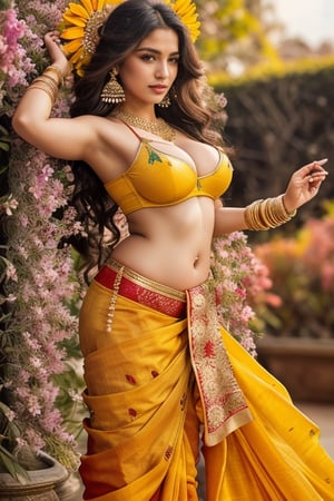 portrait,woman, big boobs ,colorful, darl background,flower armor, good anatomy, best quality, (((masterpiece))), high quality, realist, best detailed, details, realist skin, skin detailed, underboobs Saree