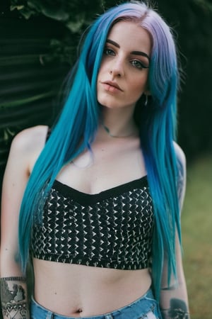 Young girl with blue hair and huge breast, wearing crop top 