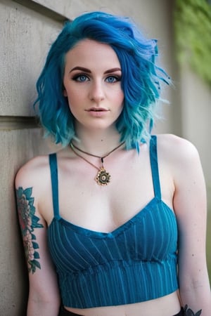 Young girl with blue hair and huge breast, wearing crop top 