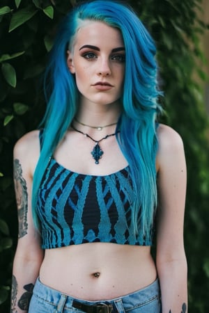 Young girl with blue hair and huge breast, wearing crop top 