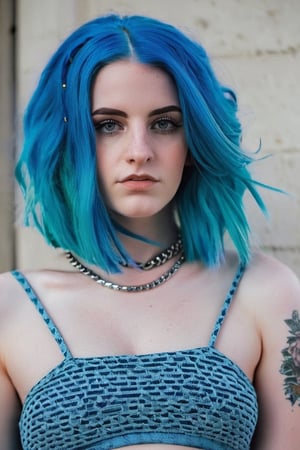 Young girl with blue hair and huge breast, wearing crop top 