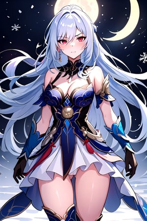 masterpiece, best quality, 1girl, (mature female), beautiful face, narrow waist, (abs:0.6), shiny skin, thighs, choker, looking_at_viewer, thigh_gap, blushing, cleavage, knee_boots, butt_cheeks, JingliuHSR, red_eyes, ,JingliuHSR, upskirt, night, moon, eclipse, panties, , red eyes, angry, ice_sword, skirt, snow, snowflakes, standing_on_ice, 