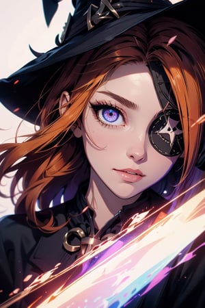 highres, ultra detailed, witch, orange hair, eyepatch, detailed eyes, pretty eyes, big hat, pretty, attractive, purple eyes