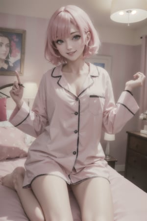 (masterpiece, best quality, highres:1.3), ultra resolution image, (1girl), female, short_pink_hair, night_dress, smile, crazy, asthetic_pose, asthetic_scene, background_bedroom,wearing_pajamas