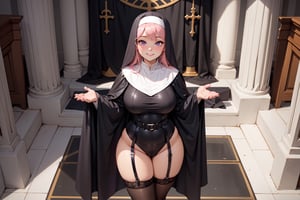 1girl, nun, (solo), skindentation, ((crotch curtain)), black leather, harness straps on thighs, thighhighs, wide hips, curvy figure, full lips, light pink hair, purple eyes, sexy, cute pose, (blushing), embarassed smile, 

from above, in a cathedral, in front of an altar, EnvyBeautyMix23, hands in prayer,