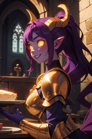 masterpiece, best quality, ultra-detailed, 1girl, mature face, draenei, (colored skin, red skin), breasts, ((purple hair)), (long wavy hair, ponytail), medieval plate armor, chestplate, paldrons, cathedral background, volumetric lighting, intricate details, sharp focus, hyper detailed, perfect hands, (smiling), ((glowing eyes, gold eyes)), (horns, tail), (side view)