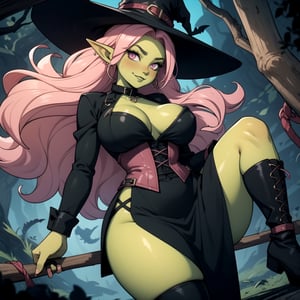 goblin girl, ((green skin)), ((huge breasts)), (short), (curvy figure, plump), wide hips, thick thighs, ((afro, big hair, pink hair)), bouffant, violet eyes, smirk, blushing,

black collar, black wrist cuffs, corset, revealing black dress, (oversized witch hat), thighhigh boots, sexy, (goth), black makeup, 

in a dark cave, glowing mushrooms, (dynamic angle), gobgirlz, 