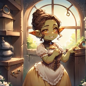 score_9, score_8_up, score_7_up, score_6_up, source_cartoon, rating_safe, highly detailed, goblin girl, shortstack, curvy figure, plump, wide hips, Victorian dress, steampunk, brown hair, updo, yellow eyes, smile, blushing, in a workshop,