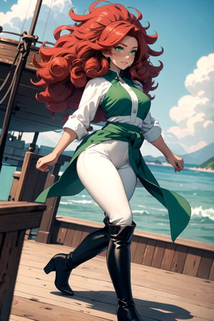 1girl, solo, long ears, tanned, (((tan skin, dark skin))), curvy figure, wide hips, thick thighs, medium breasts, full lips, ((red hair, big hair, elaborate curls), green eyes, ((shortstack)),

fantasy style, ((white ruffled shirt, dark leather pants, knee high boots, green sash around waist)), sexy, revealing clothing, smirking, 

on the deck of a wooden ship, ((dynamic angle)), 