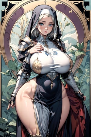a fantasy nun, ((full armor, shoulder armor, boobplate)), (milf, curvy figure, wide hips, gigantic breasts, thicc), 2d fantasy ink illustration with an art nouveau background,, EpicArt, milfication, 
