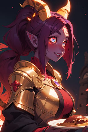 masterpiece, best quality, ultra-detailed, 1girl, mature face, draenei, ((colored skin, red skin:1.5)), breasts, ((purple hair)), (long wavy hair, ponytail), medieval plate armor, chestplate, paldrons, ornate robes, cathedral background, volumetric lighting, intricate details, sharp focus, hyper detailed, perfect hands, (smiling), ((glowing eyes, gold eyes)), (horns, tail), (dynamic angle, side view)