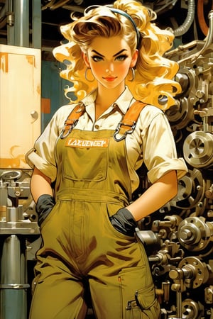 Anime artwork. strong female mechanic in overalls, painting, art by J.C. Leyendecker, anime style, key visual, vibrant, studio anime,  highly detailed,LaxpeintXL