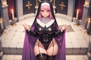 1girl, nun, (solo), skindentation, (((crotch curtain))), black leather, thighhighs, wide hips, curvy figure, full lips, light pink hair, purple eyes, sexy, cute pose, (blushing), embarassed smile, 

from above, in a cathedral, in front of an altar, EnvyBeautyMix23, hands in prayer,