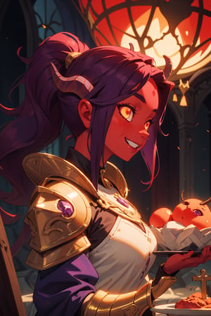 masterpiece, best quality, ultra-detailed, 1girl, mature face, draenei, ((colored skin, red skin:1.5)), breasts, ((purple hair)), (long wavy hair, ponytail), medieval plate armor, chestplate, paldrons, cathedral background, volumetric lighting, intricate details, sharp focus, hyper detailed, perfect hands, (smiling), ((glowing eyes, gold eyes)), (horns, tail), (side view)