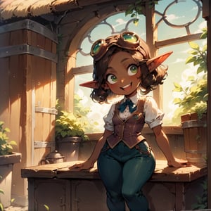 score_9, score_8_up, score_7_up, score_6_up, source_cartoon, rating_questionable, highly detailed, shortstack elf girl, dark skin, small breasts, wide hips, Victorian steampunk trousers and vest, medium brown hair, green eyes, smile, excited, in a workshop, goggles, 