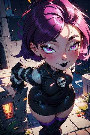 (goth girl with a monster pet), 1girl, black dress, skull necklace, striped thighhighs, striped sleeves, (short purple hair), ((hair covering eyes, hair over eyes)), (short, wide hips, thick thighs, curvy figure:1.2), ((black lipstick)), (smirk), (from side, from above), leaning back, Gaz, GAgoth, 

(detailed ladscape, cemetary, autumn weather), (dynamic_angle:1), (dynamic_pose:1.2), 

(masterpiece:1.2), (best quality, highest quality), (ultra detailed), (8k, 4k, intricate), (50mm), (highly detailed:1.2), (detailed face:1.2), detailed_eyes, (gradients), (ambient light:1.3), (cinematic composition:1), Accent Lighting, extremely detailed, original, highres, (perfect_anatomy:1.2), High detailed
