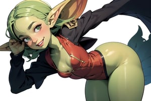 1girl, solo, goblin girl, green skin, big ass, wide hips, thick thighs, curvy figure, ((very small breasts)), ((flat chest)), full lips, smiling, ass up. tight clothing, ((dynamic angle)), (closeup shot), NSFW, goblin girl, 