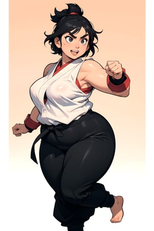 masterpiece, best quality, mature female, plump, martial artist monk, action pose, short black hair, thick eyebrows, tan skin, baggy pants, action pose, excited, happy, ((dynamic angle)), dojo background, ((manga style illustration)), monochome, sfr1v genderbend