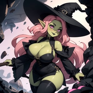 goblin girl, ((green skin)), ((huge breasts)), (short), (curvy figure, plump), wide hips, thick thighs, (((afro, big hair)), (pink hair), bouffant, violet eyes, smirk, blushing,

black collar, black wrist cuffs, corset, revealing black dress, (oversized witch hat), thighhigh boots, sexy, (goth), black makeup, 

in a dark cave, glowing mushrooms, (dynamic angle), gobgirlz, 