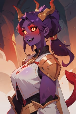 masterpiece, best quality, ultra-detailed, 1girl, mature face, draenei, (((colored skin, red skin:1.5))), muscular arms, ((purple hair)), (wavy hair, ponytail), golden medieval armor, chestplate, paldrons, priestess robes, paladin, cathedral background, volumetric lighting, intricate details, sharp focus, hyper detailed, perfect hands, (smiling, fangs), ((glowing eyes, gold eyes)), (gold horns), (tail), side view, black sclera