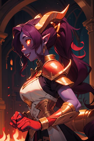 masterpiece, best quality, ultra-detailed, 1girl, mature face, draenei, breasts, ((long purple hair, wavy hair, ponytail)), medieval armor, chestplate, paldrons, cathedral background, volumetric lighting, intricate details, sharp focus, hyper detailed, perfect hands, (smiling), ((glowing eyes, gold eyes)), (colored skin, red skin:1.5), (horns, tail), side view,