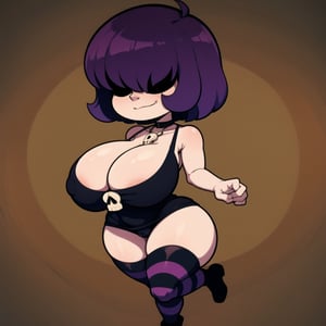 masterpiece, detailed, high quality, 4k, 1girl, solo, ((shortstack)), sexy, huge breasts, wide hips, thick thighs, short purple hair, (hair covering eyes,) smirk, goth clothing, revealing clothing, skindentation, GAgoth, black dress, skull necklace on chest, striped thighhighs, striped sleeves, full body, cute pose, Gaz, (shortstacks),hair over eyes