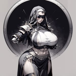 a fantasy nun, ((knight armor, pauldrons, vambraces, gauntlets)), revealing clothing, (milf, curvy figure, wide hips, gigantic breasts, thicc, musclular, biceps, abs), ((covered eyes, veil over eyes)), 2d fantasy ink illustration with an art nouveau background, EpicArt, (monochrome), milfication, contraposto, dynamic pose,