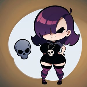 masterpiece, detailed, high quality, 4k, 1girl, solo, ((shortstack)), huge breasts, wide hips, thick thighs, short purple hair, (hair covering eyes,) smirk, goth clothing, revealing clothing, skindentation, GAgoth, black dress, skull necklace on chest, striped thighhighs, striped sleeves, full body, cute pose, splash art, Gaz, (shortstacks),hair over eyes